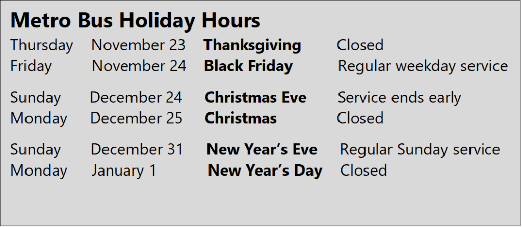 METRO 2023 Thanksgiving Holiday Schedule